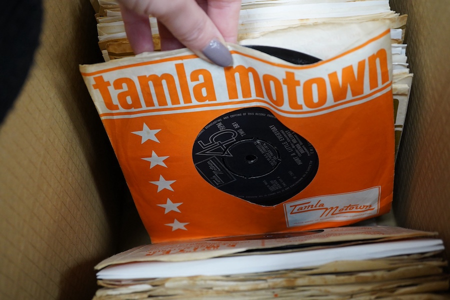 Three boxes of 7 inch singles, all on the Tamla Motown label, artists include; the Supremes, Marvin Gaye, Stevie Wonder, the Four Tops, The Temptations, Jimmy Mac, Jimmy Ruffin, Gladys Knight, Diana Ross, Jermaine Jackso